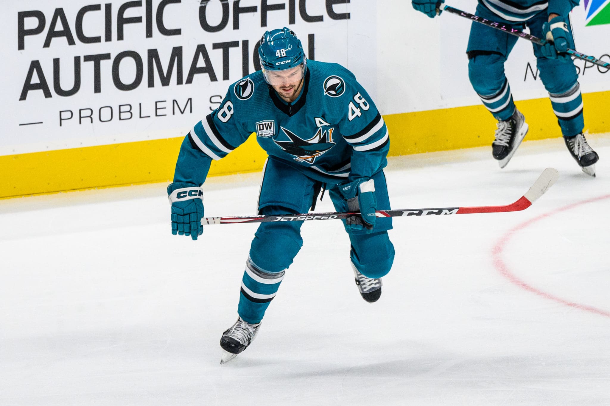 Tomas Hertl of the San Jose Sharks speaks to the media in a press