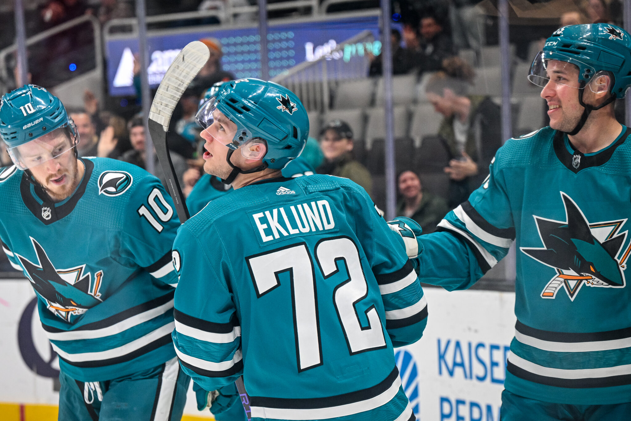 San Jose Sharks center Logan Couture, right, celebrates with right wing Timo  Meier (28) after scoring a goal against the Vegas Golden Knights during the  first period of an NHL hockey game